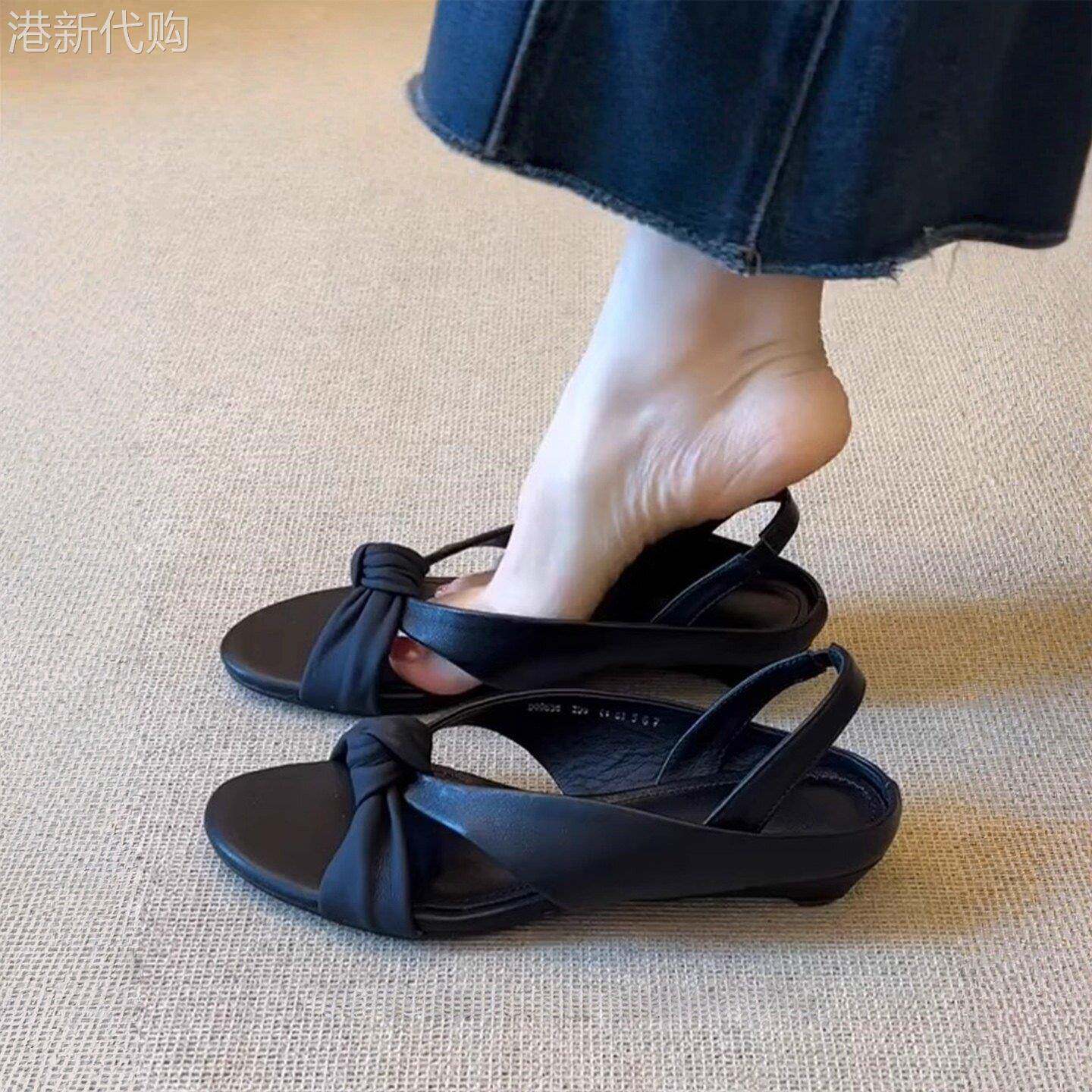 韩版蝴蝶结低跟罗马凉鞋女2026新款夏季真皮露趾舒适百搭平跟女鞋