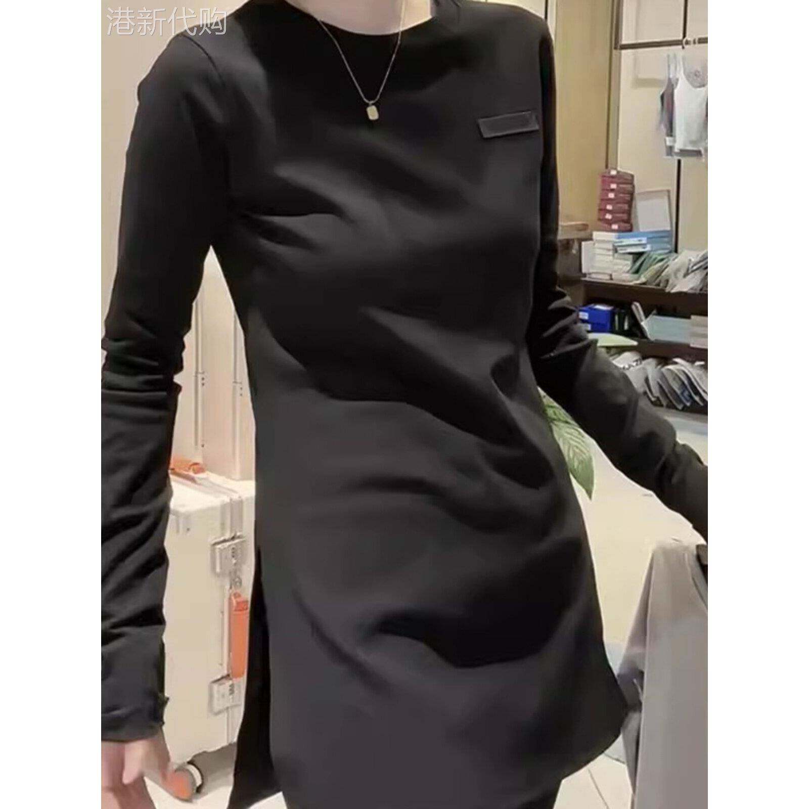 中长款开叉长袖T恤女春秋新款欧货时尚修身显瘦打底休闲上衣
