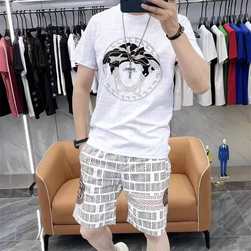 欧洲站2025新款夏季短袖短裤男士两件套潮牌高档印花休闲运动套男