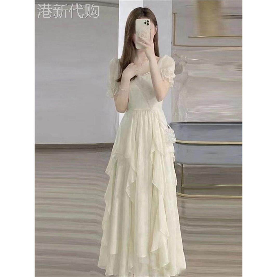 欧洲站2025夏季女性新法式初恋连衣裙泡芙袖不规则过膝长裙