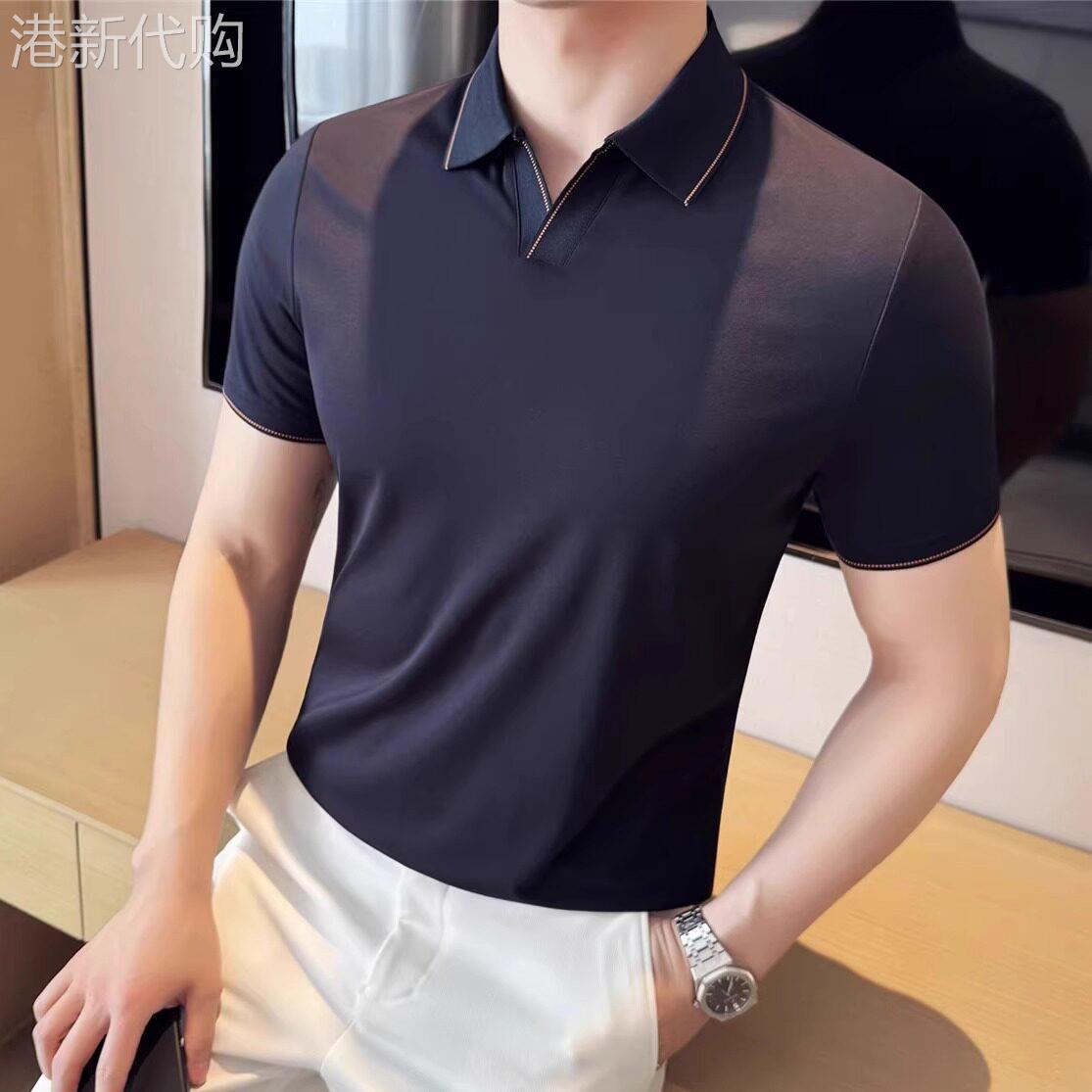 LL男装POLO衫男短袖夏季冰丝高级感薄款撞色小v领弹力翻领垂感T恤