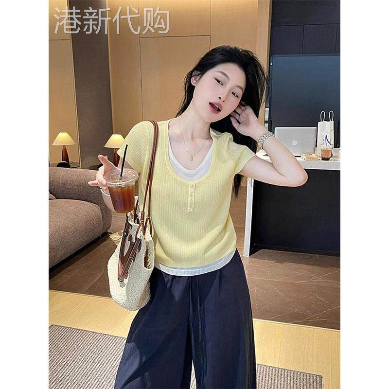 多巴胺乳黄色假两件套短袖t恤女子夏季薄纯欲望性感短冰丝绸针织