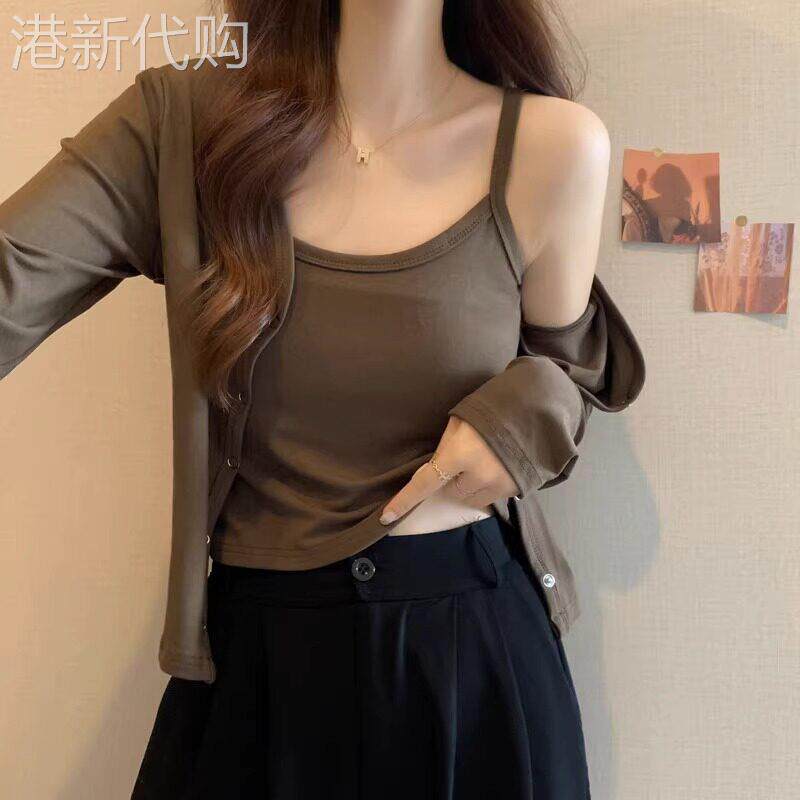针织开衫外套女春秋2025新款宽松显瘦休闲长袖短款背心吊带两件套