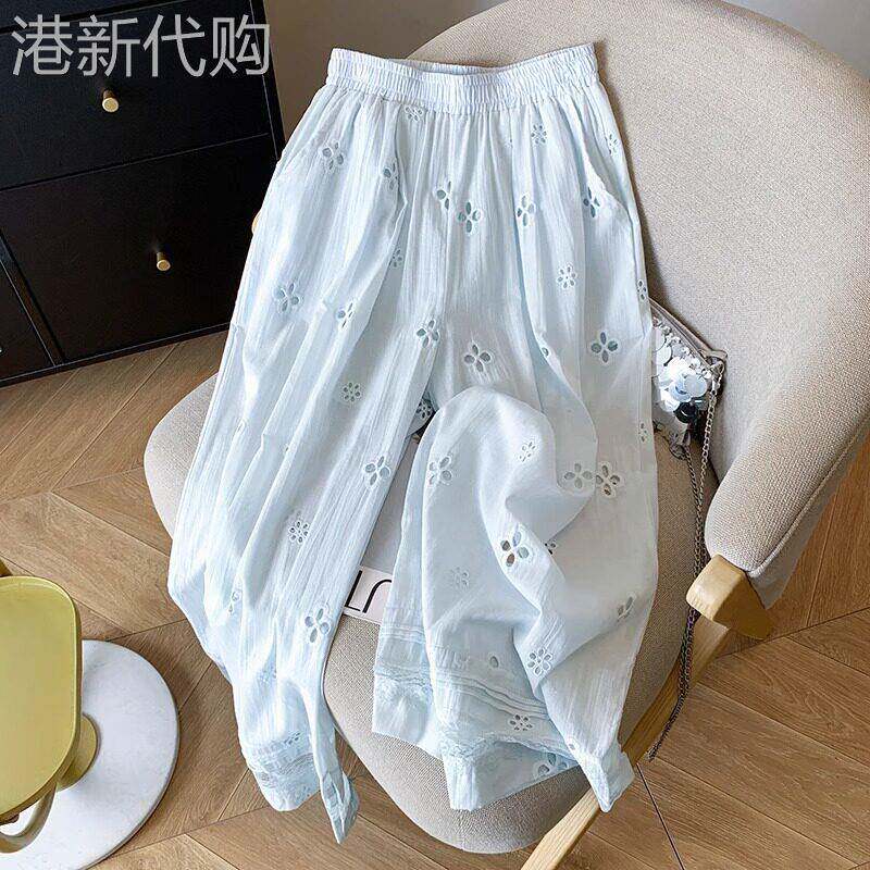 设计感钩花镂空休闲子裤女夏薄款2025新款宽松直筒蕾丝拼接阔腿裤