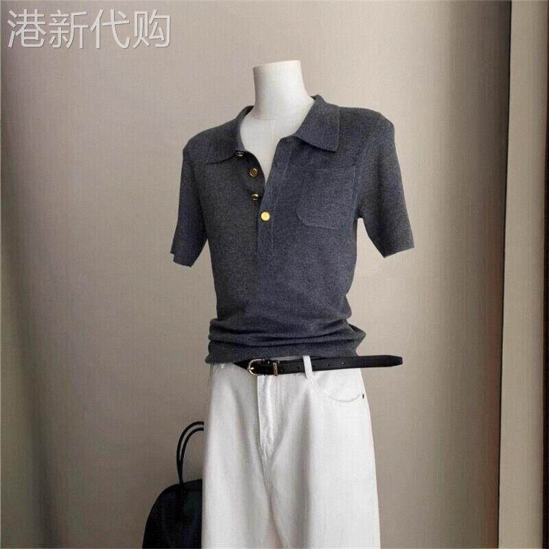 法式高级感灰色冰丝POLO衫女小个子气质修身正肩短袖T恤翻领上衣