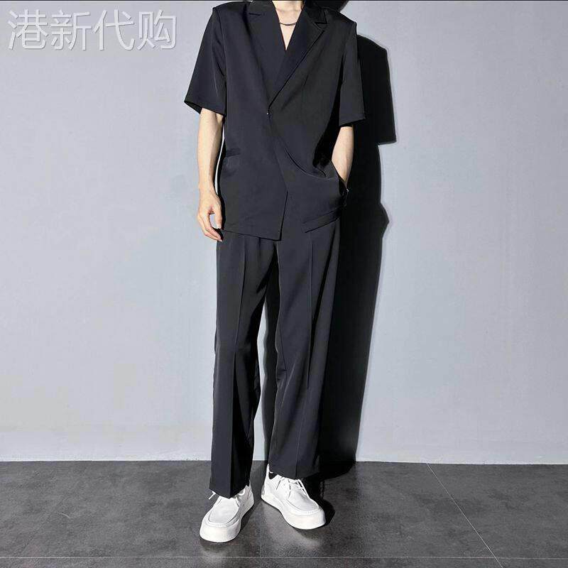 LL男装套装男夏季薄款痞帅风冰丝2026新款休闲时尚轻熟西装两件套