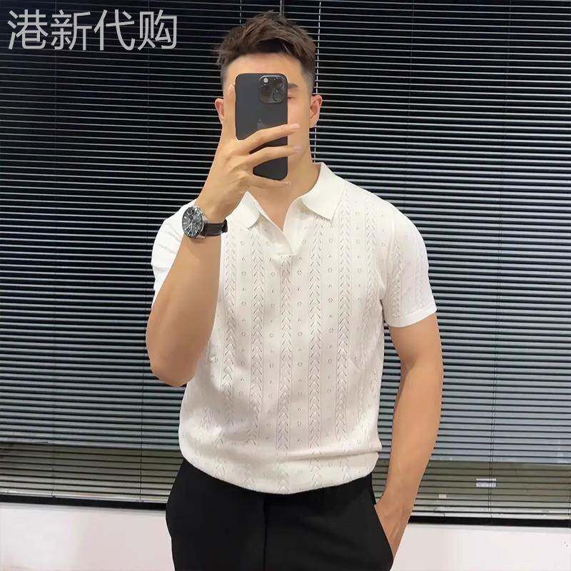 高端白色针织POLO衫短袖t恤男士2026新款夏季海鸥领镂空上衣男款