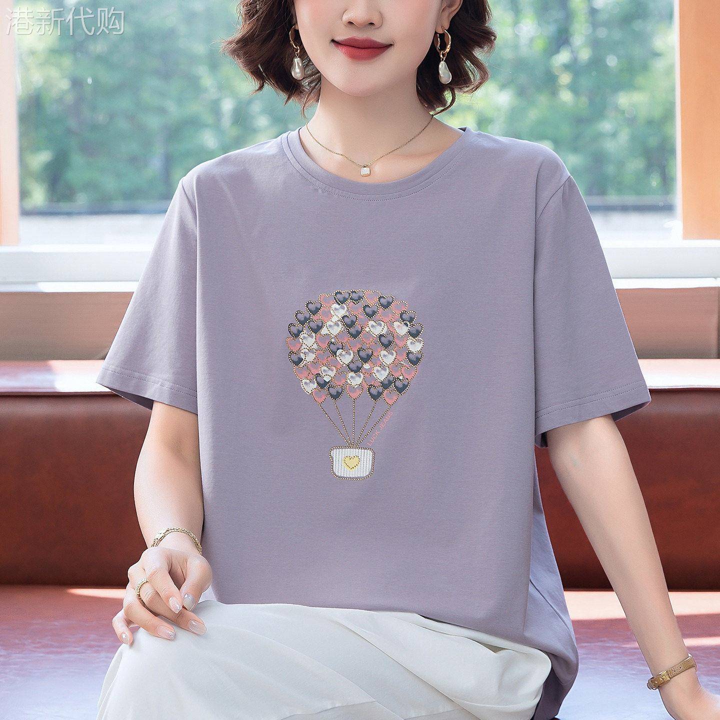 中年妈妈纯棉圆领短袖t恤女夏季薄款宽松遮肚大码洋气老年人上衣