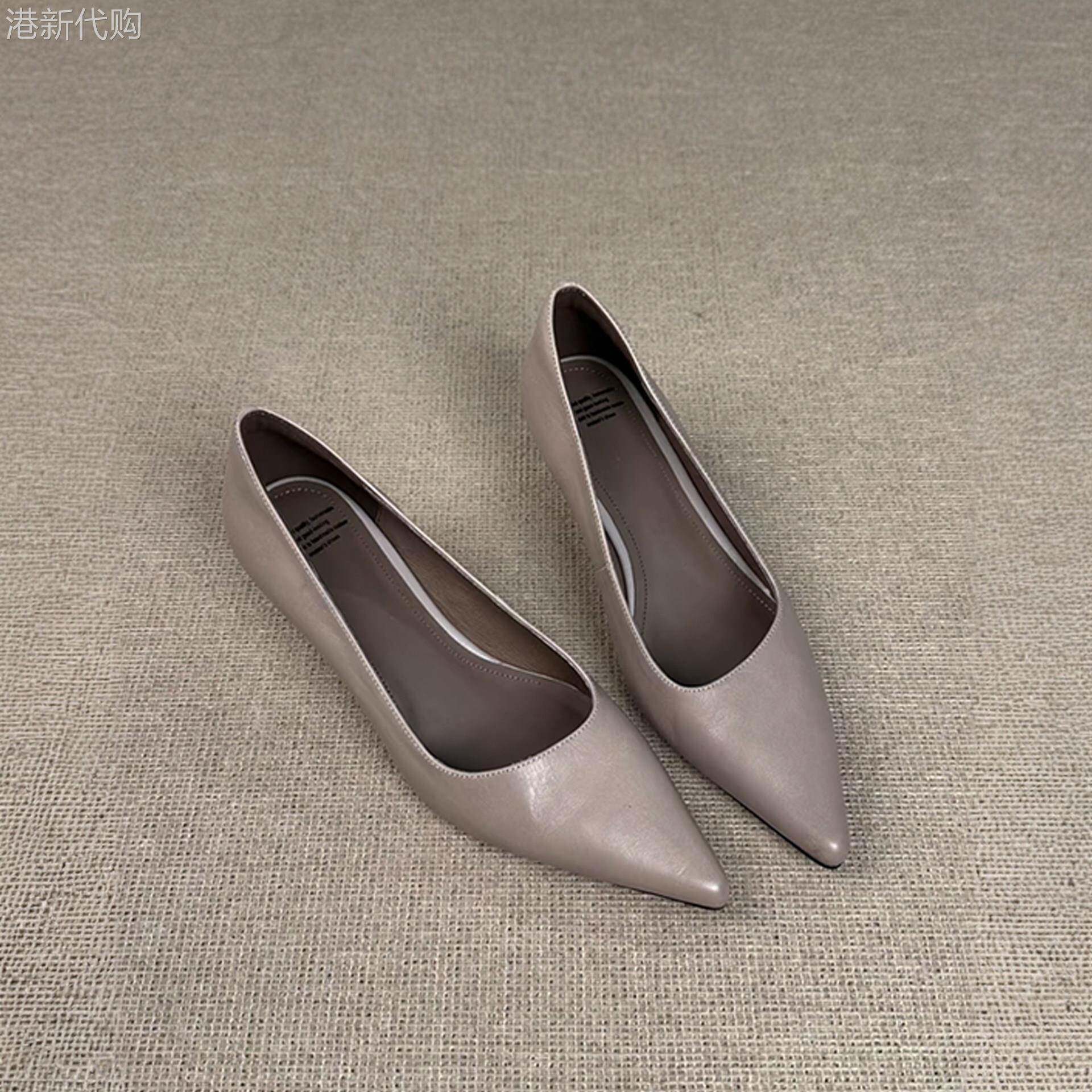 香港真皮法式尖头楔型单鞋女职场巨软浅口工作鞋子绝美气质高跟鞋