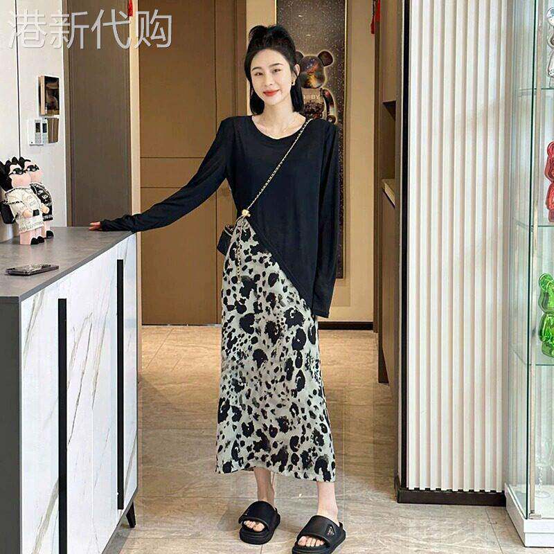 洋派时尚防晒长袖T恤豹纹半身包臀裙两件式套装女2025夏季新款冰
