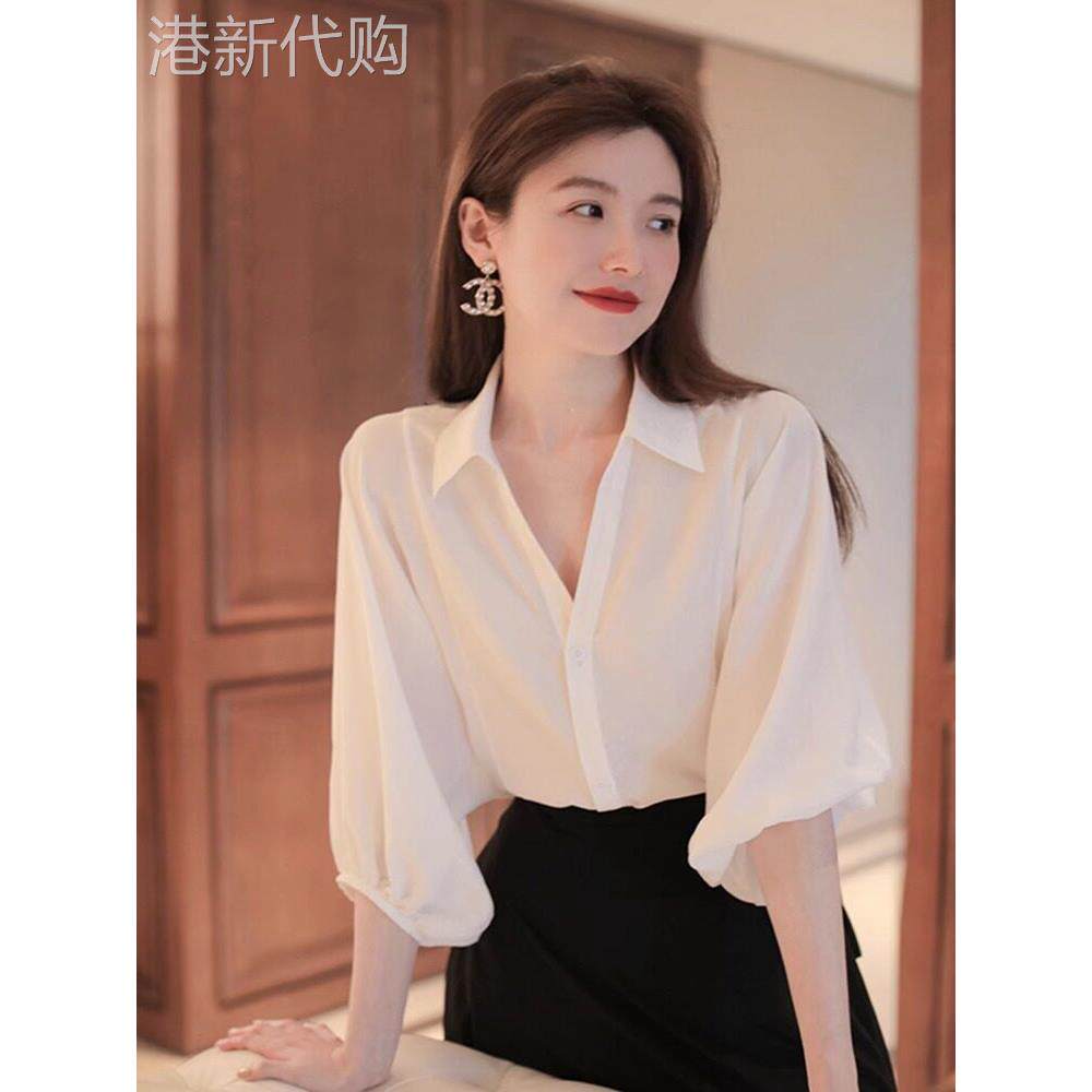 日系泡泡袖设计感小众白色衬衫女夏季薄款气质雪纺衬衣中袖上衣女