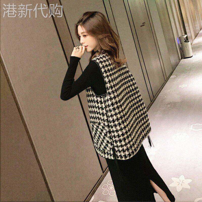 针织马甲女春秋深圳欧货爆款小衫宽松背心时尚千鸟格坎肩马夹外套