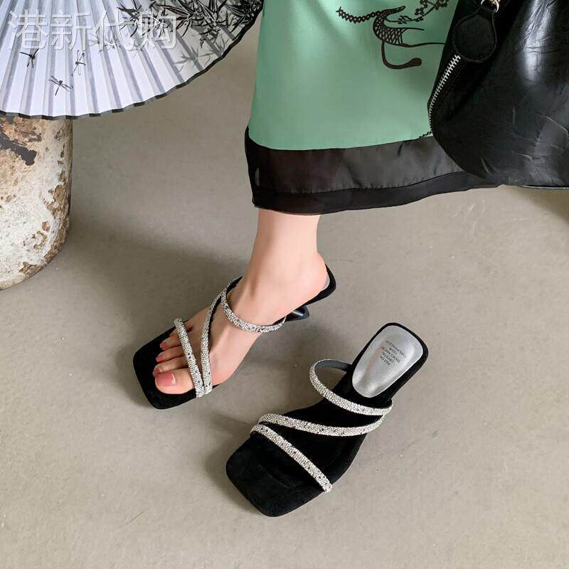 夏日来临~法式气质风水钻凉拖外穿女异形跟高跟鞋麂皮绒一字拖鞋