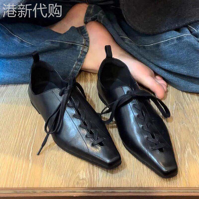 覆古系带平底鱼骨鞋女2025年夏英伦风方头气质舒适百搭深口小皮鞋