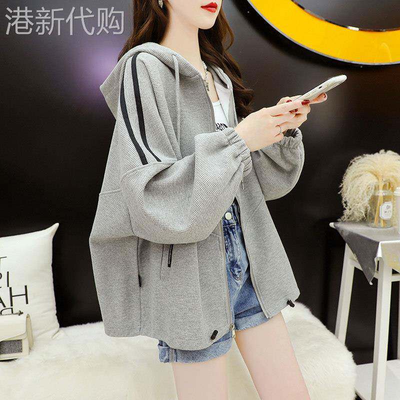 灰色连帽卫衣女春秋薄款2025新款韩版宽松慵懒风拉炼开衫外套上衣