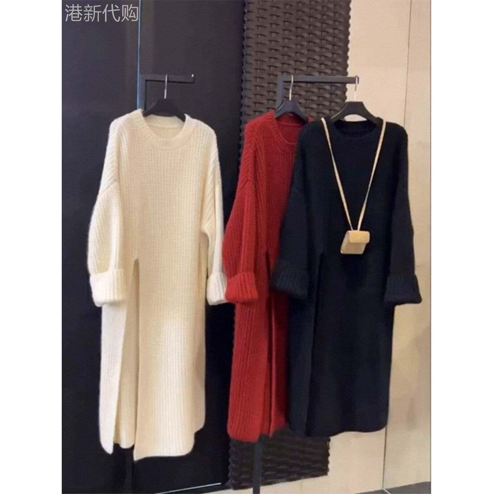 针织连衣裙女士秋冬季欧货中长款毛衣裙不规则侧开叉内搭过膝长裙