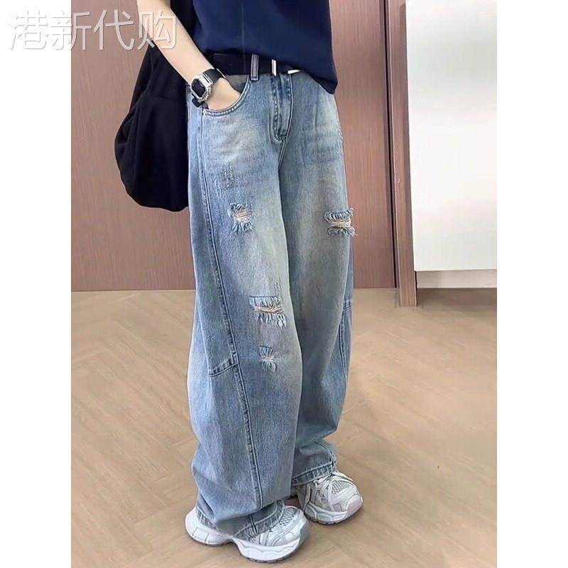 复古破洞弯刀牛仔裤女春季2026新款高腰宽松梨型身材休闲阔腿裤子