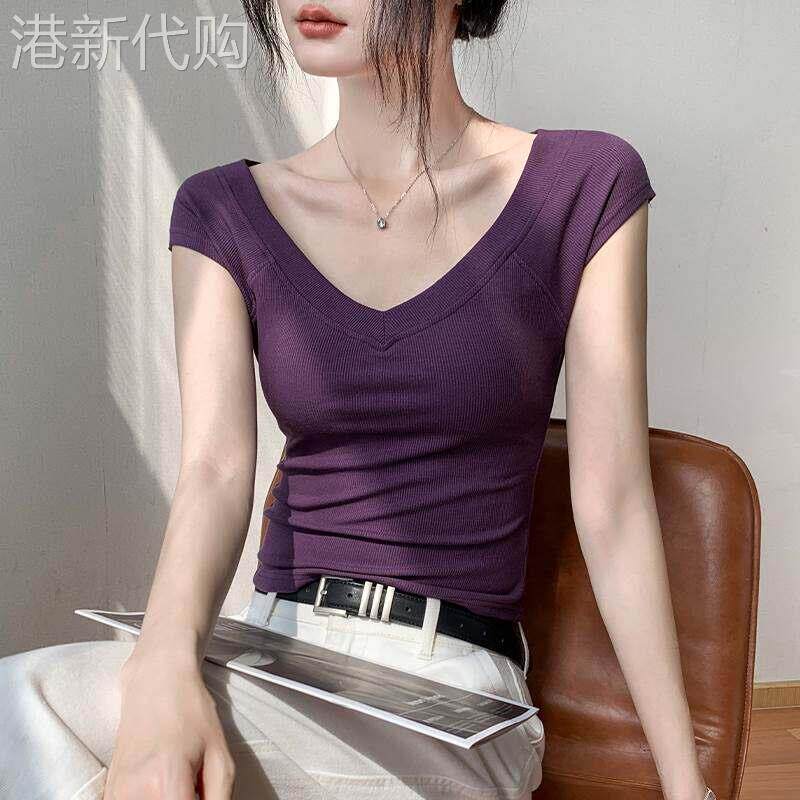 深V领短袖T恤女夏季2026新款设计感小众内搭T恤修身显瘦正肩上衣