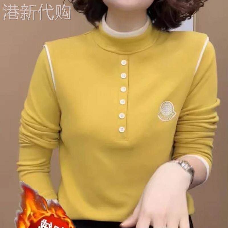 双面德绒黄色长袖半高领T恤女欧货纽扣装饰打底衫简约内搭上衣潮