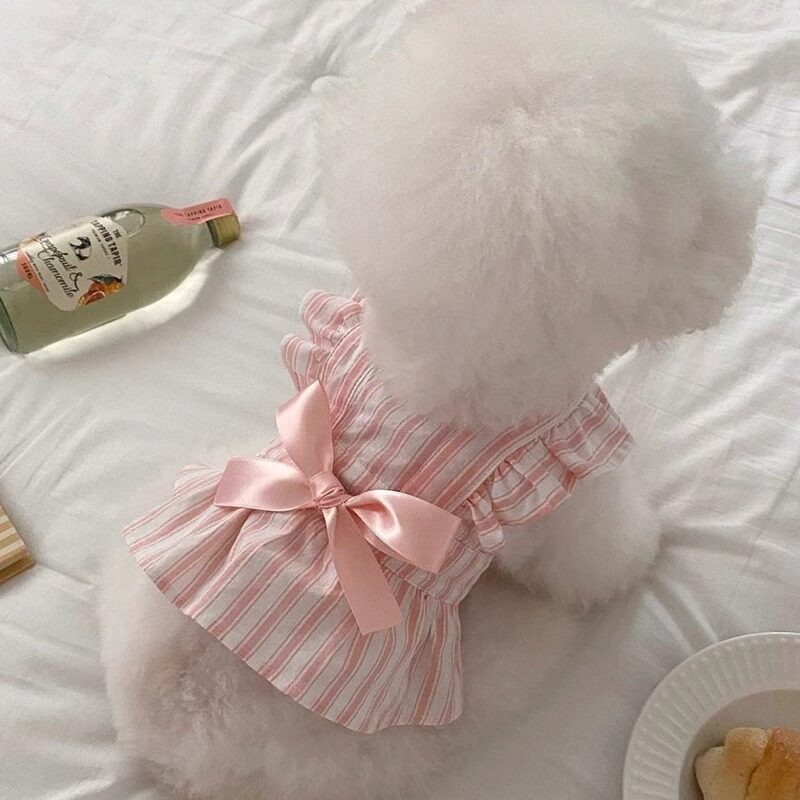春夏季公主风小狗狗连衣裙可爱小飞袖条纹猫咪蝴蝶结裙子宠物衣服