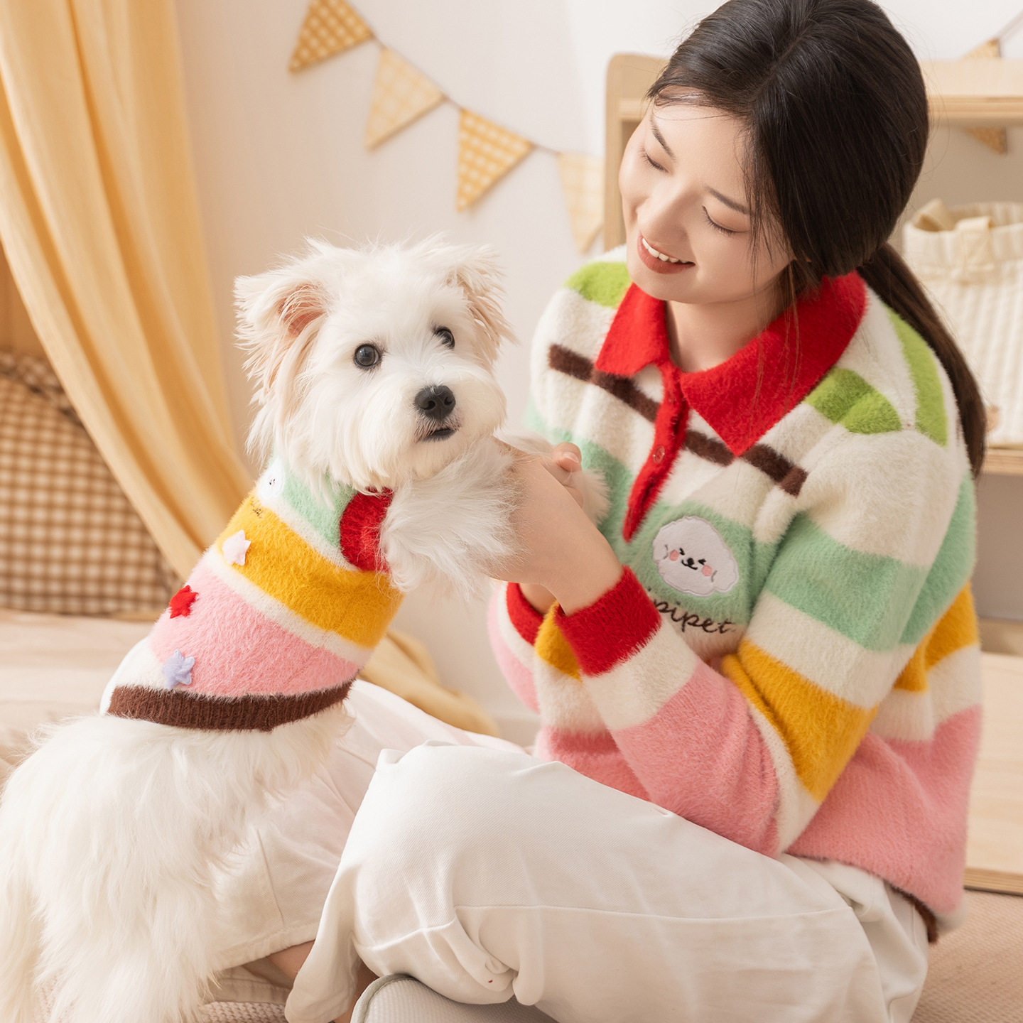 宠物狗狗衣服彩色卡通星星条纹亲子装小型犬比熊泰迪秋冬两脚衣服
