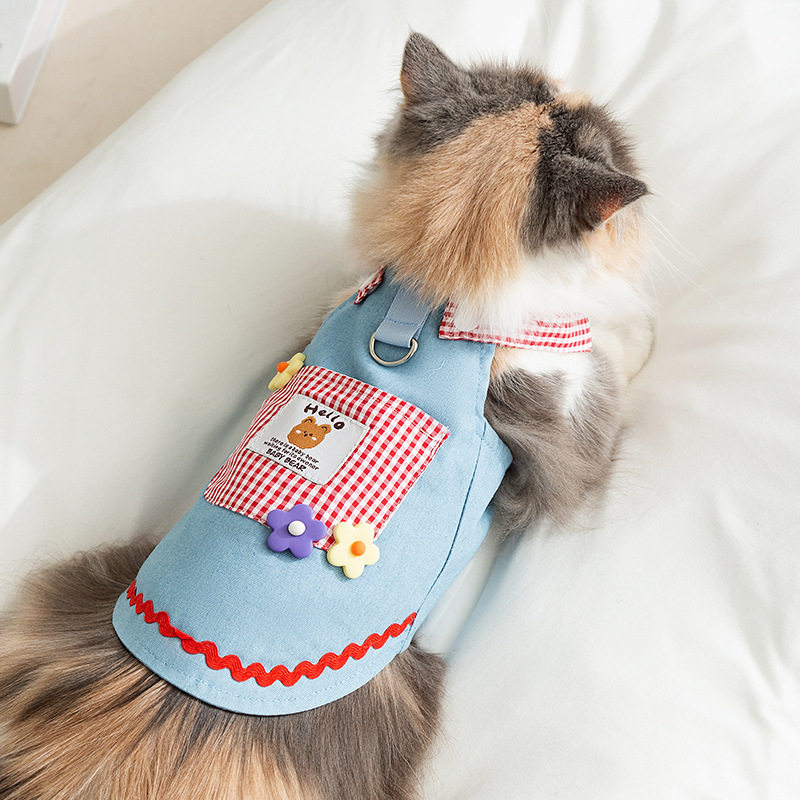 牛仔背心宠物服饰格子口袋背带比熊猫咪春夏天薄款小狗狗猫咪衣服
