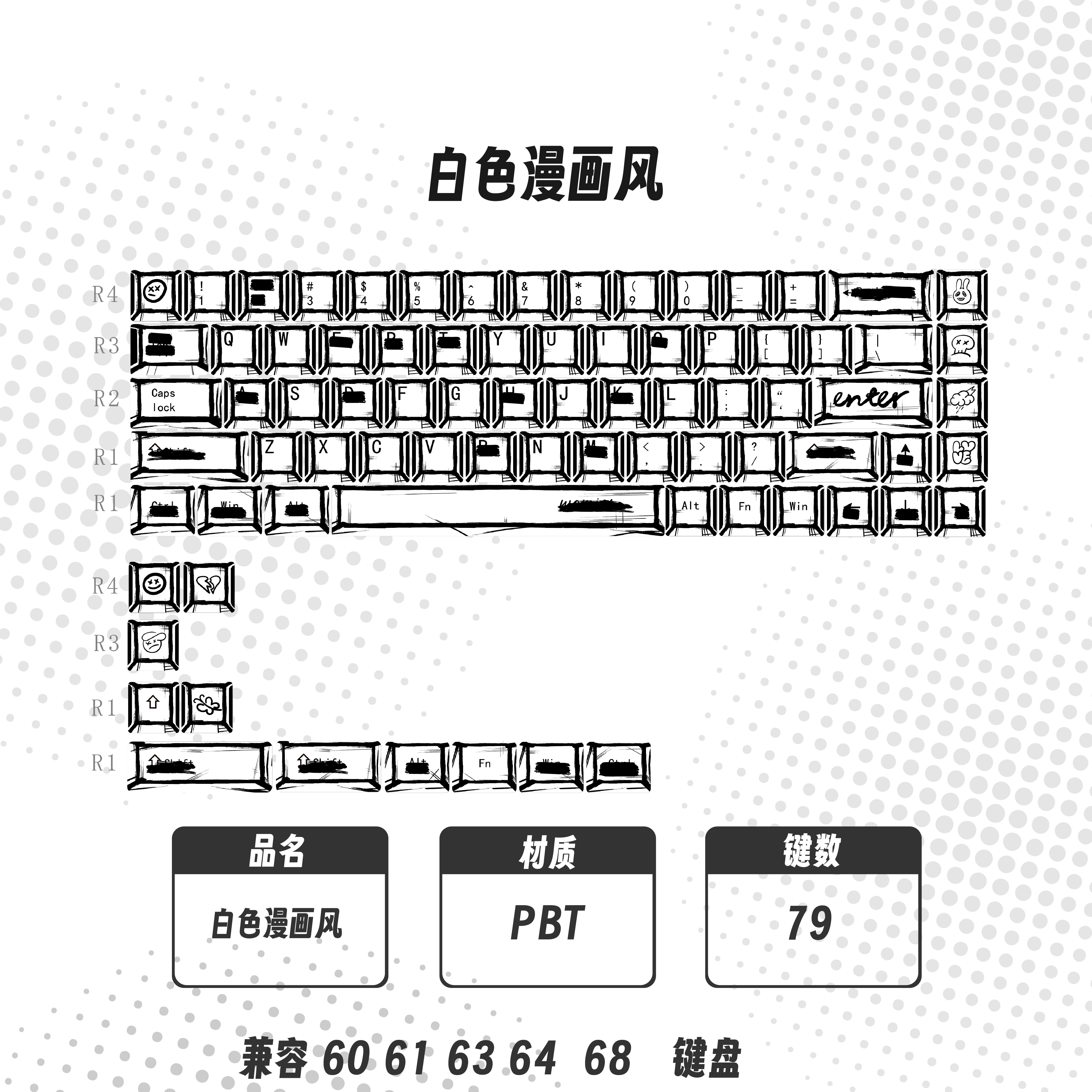 白色-漫画风主题 原厂高度PBT键帽五面热升华电竞客制化个性全套