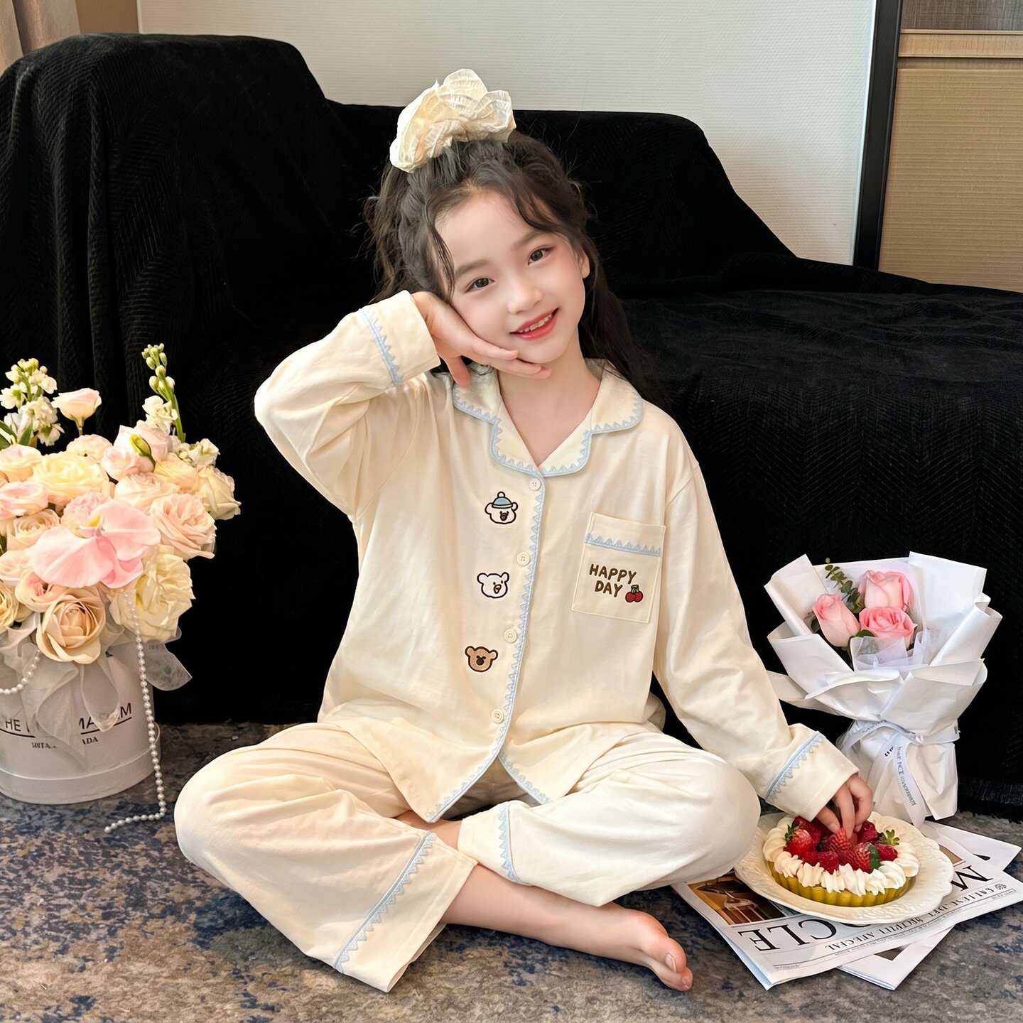 儿童高端纯棉睡衣女童长袖翻领开衫套装春秋新款大童可外穿家居服图片