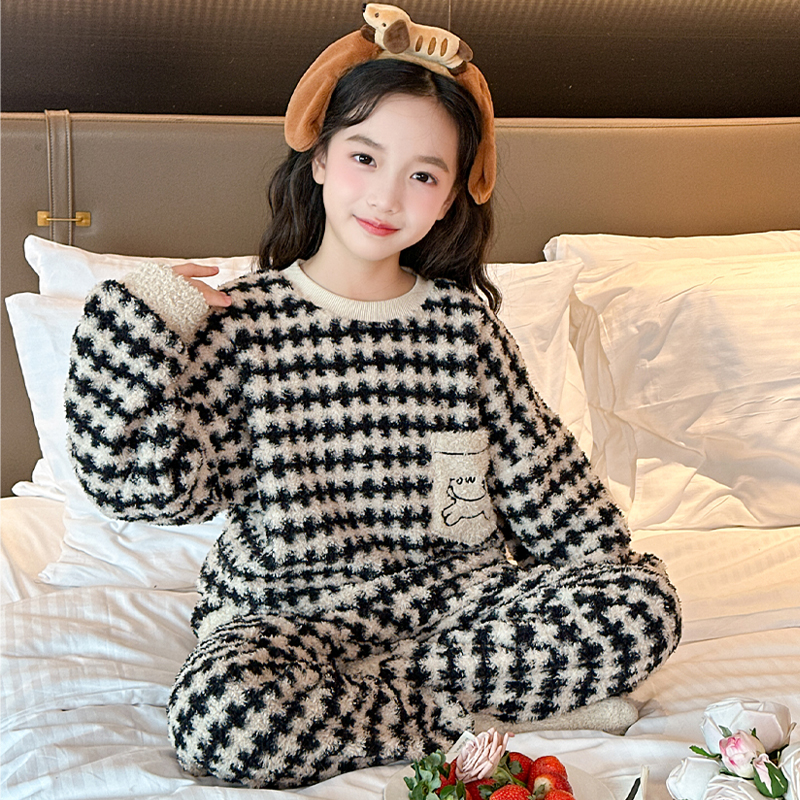 女童半边绒睡衣秋冬新款女大童珊瑚绒家居服加厚保暖格子儿童睡衣