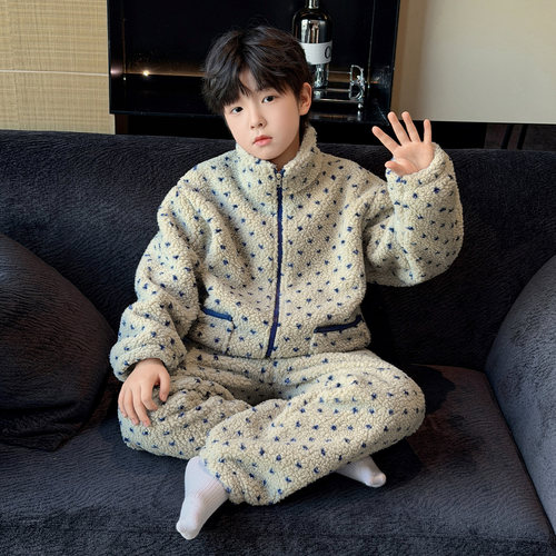 男童睡衣冬季新款儿童家居服套装中大童男孩加绒加厚保暖两件套