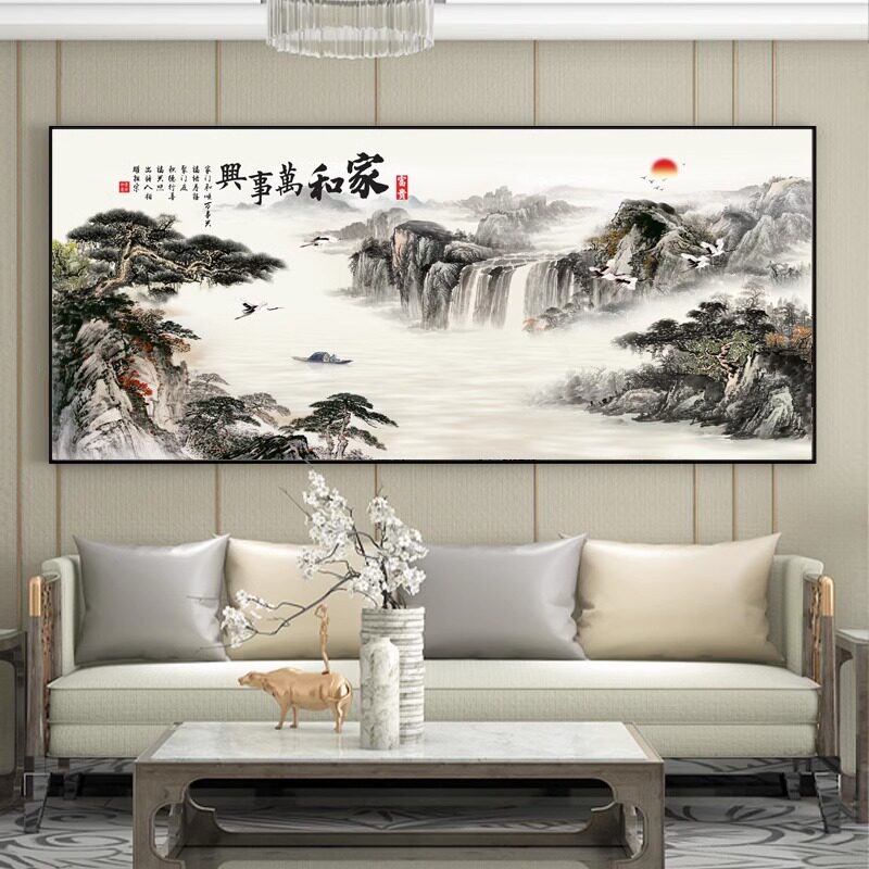 新中式客厅山水装饰画包安装