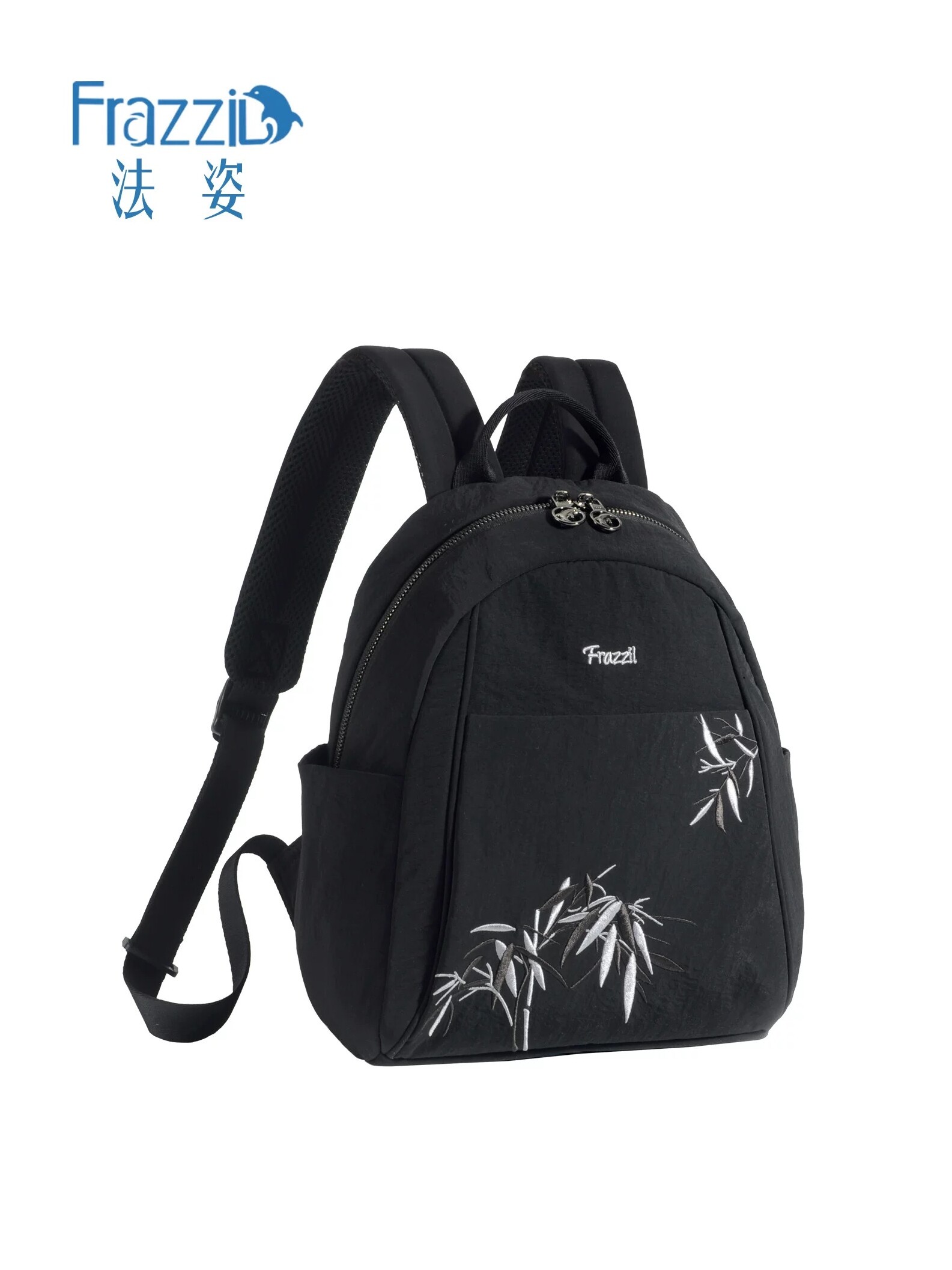 Frazzil/法姿复古双肩包女刺绣竹叶轻便多层旅行背包时尚百搭小包