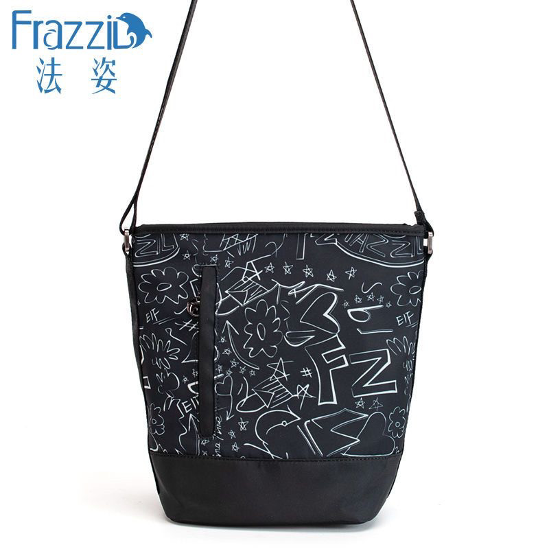 法姿女时尚斜挎包黑白印花尼龙帆布单肩挎包潮简约水桶包