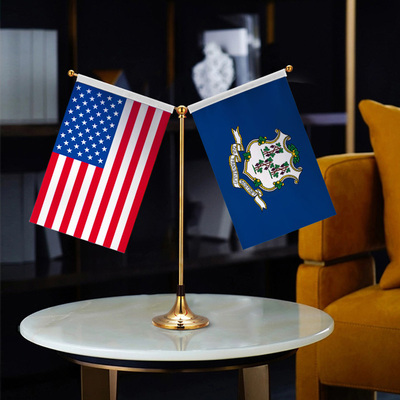 Connecticut康涅狄格州美国国旗Y型双杆钛金旗架办公会议室高档桌