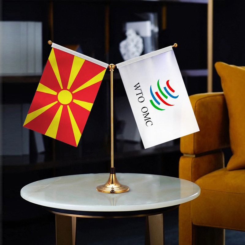 世界贸易组织wto 马其顿国旗 y型双杆钛金旗架 贡缎旗面