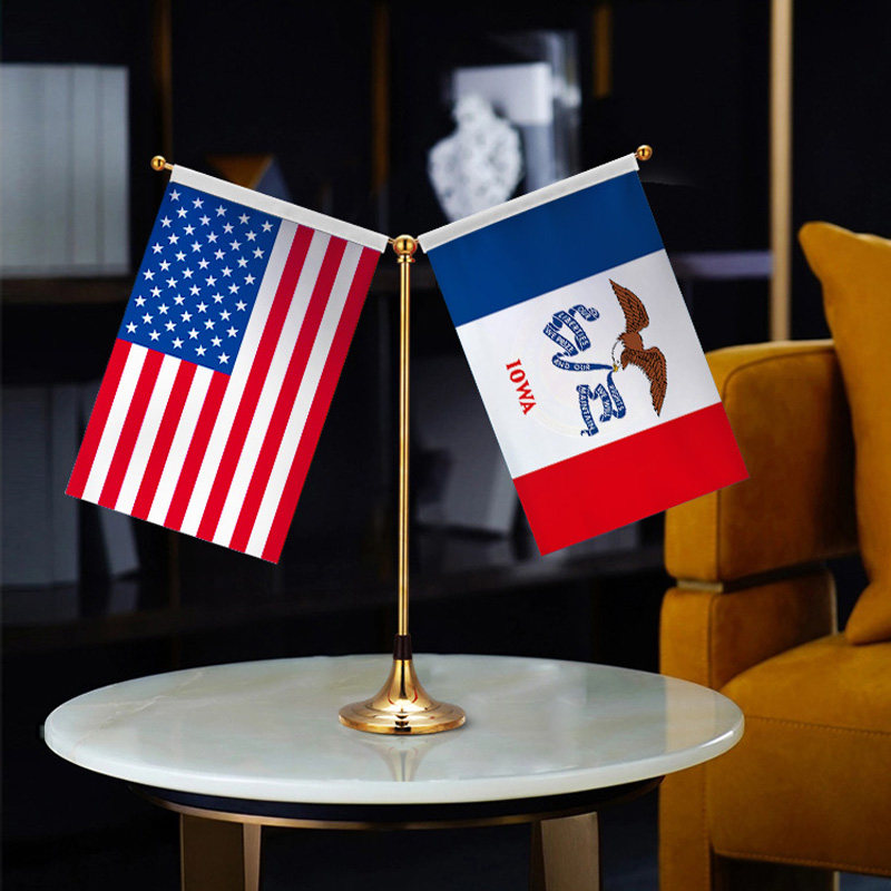 Iowa 爱荷华州 美国国旗 Y型双杆钛金旗架办公会议室高档桌旗