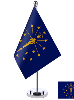 美国Indiana 印第安娜州旗帜 金色银色单杆桌旗摆件 桌面小旗台