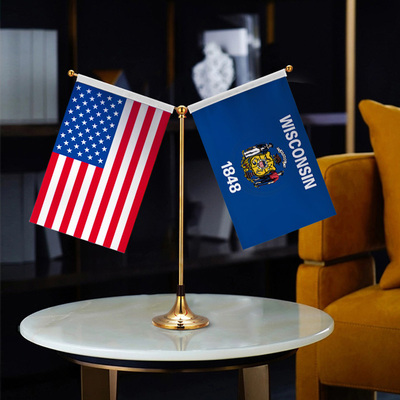 Wisconsin威斯康星州美国国旗Y型双杆钛金旗架办公会议室高档桌旗