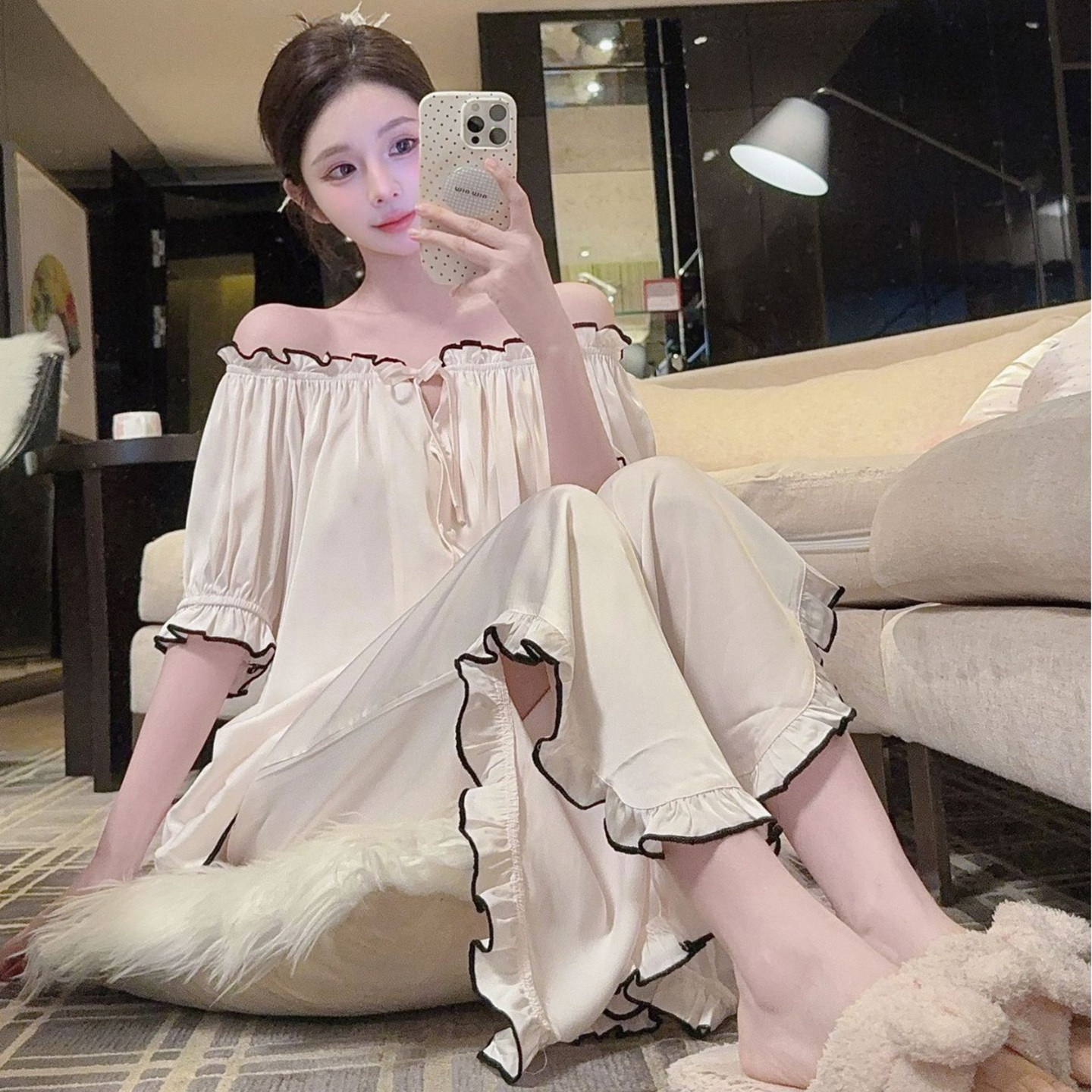 睡衣女款2025新款春秋高级感可外穿法式轻奢小众短袖长裤两件套装