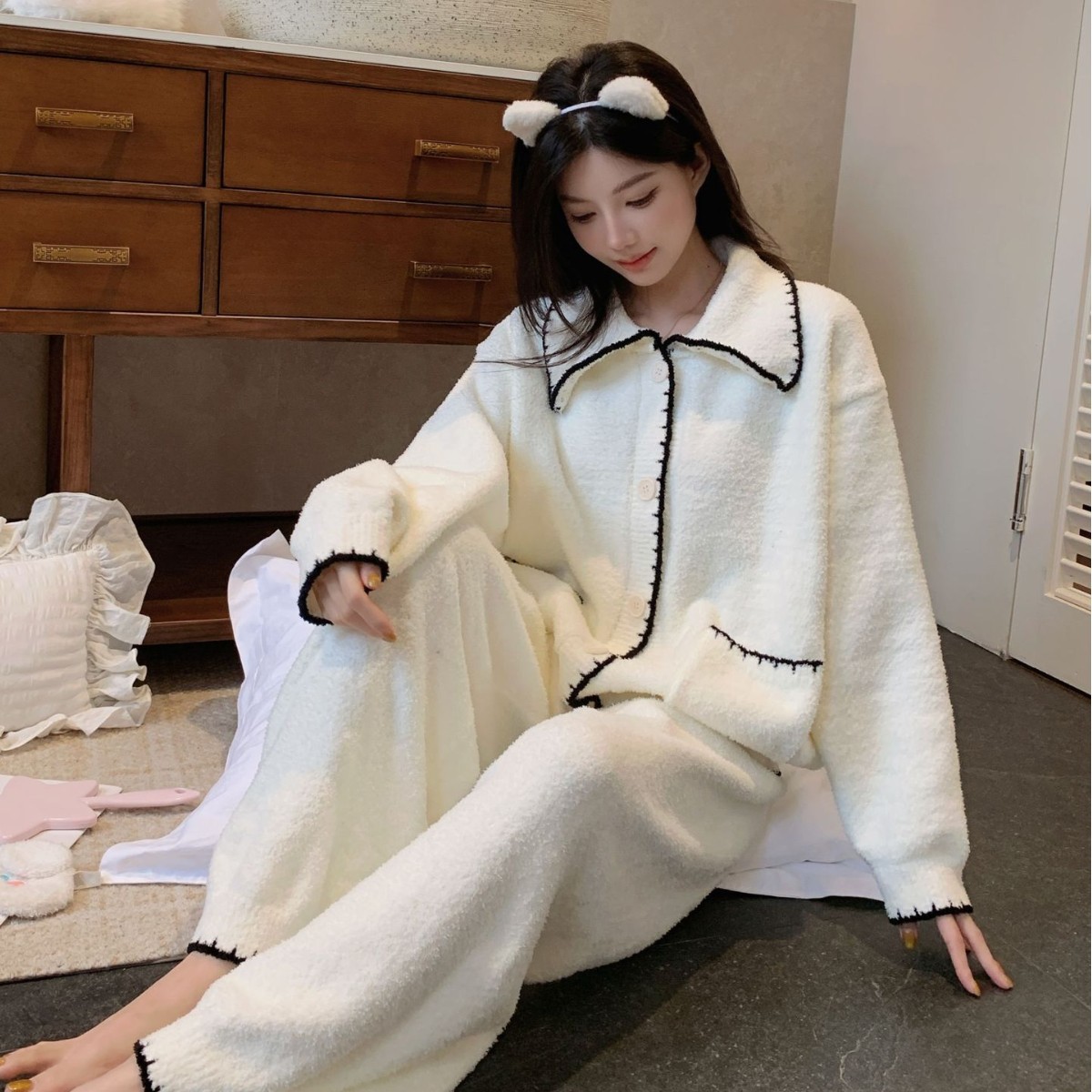 秋冬加绒厚小香风女睡衣套装长袖