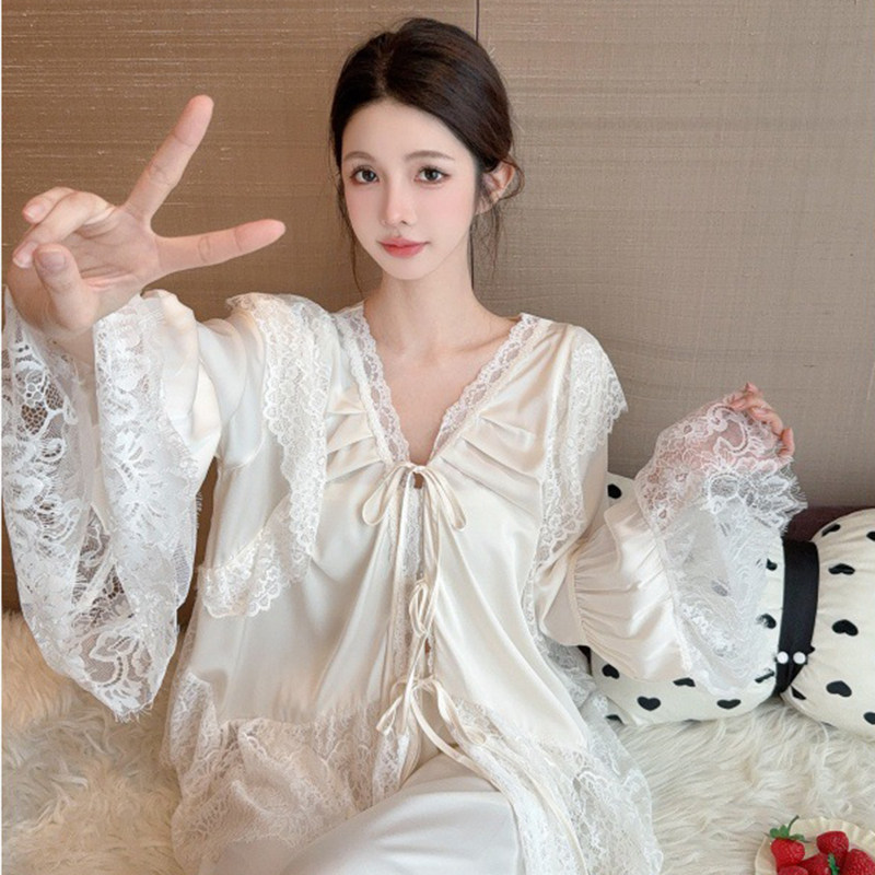 睡衣女款性感新款仙女风蕾丝缎面家居服长袖春秋两件套可外穿薄款