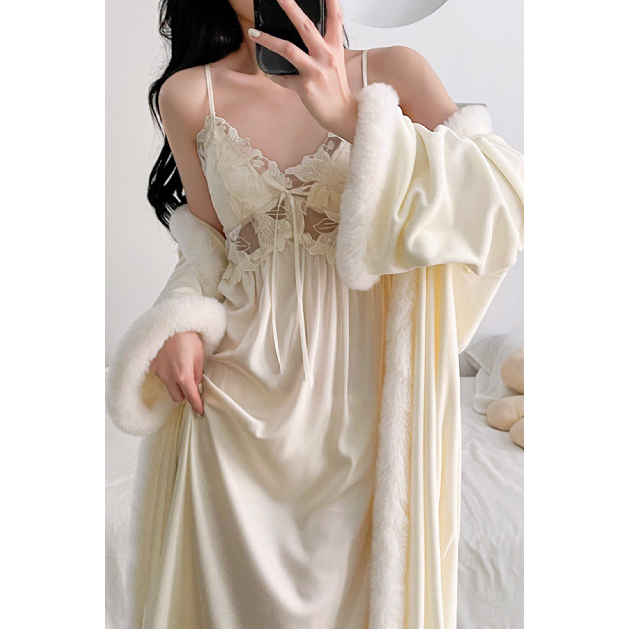 性感风睡裙女款2026新款海岛绒轻奢毛毛蕾丝吊带长裙睡衣家居两件