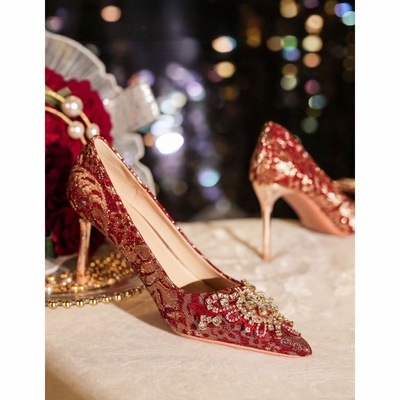 红色绝美精致高跟鞋女婚鞋秀禾婚纱两穿新娘鞋中式敬酒服细跟单鞋