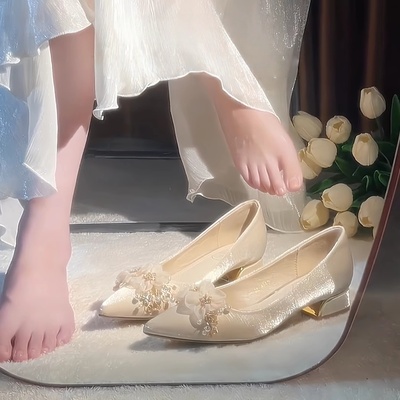 水钻法式平底结婚鞋女新娘伴娘鞋