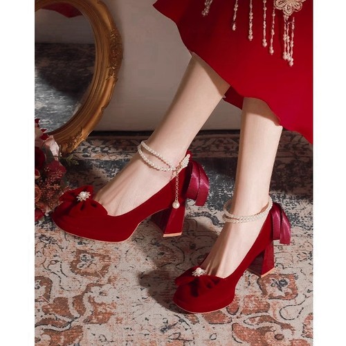 玛丽珍婚鞋中式秀禾服红色高跟鞋