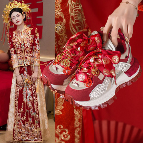 婚鞋女2026年新款秋冬加绒红色新娘鞋子不累脚厚底老爹运动鞋