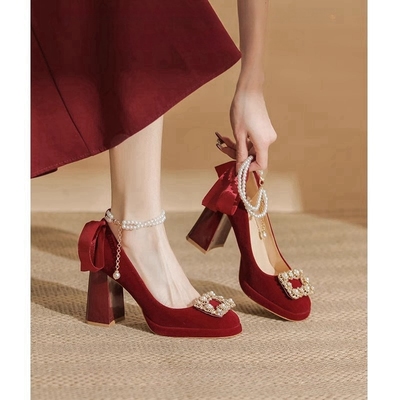玛丽珍高跟鞋女秀禾服粗跟婚鞋