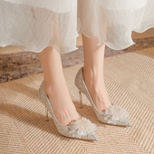 水晶蝴蝶结高跟鞋 银色 宴会伴娘鞋 女绝美亮片细跟婚纱主婚鞋 新娘鞋