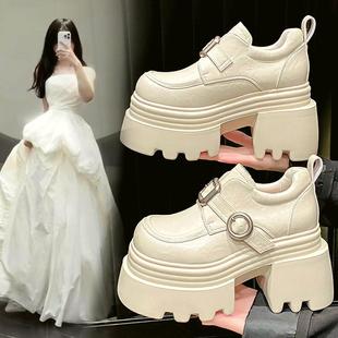 新娘高跟鞋 厚底婚鞋 矮子乐粗跟珍珠玛丽珍鞋 女婚纱神器松糕鞋 秋季
