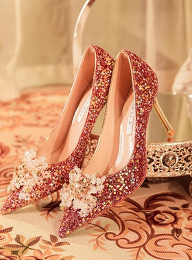 秀禾服婚纱两穿婚鞋女亮片高级感法式细跟中式新娘鞋红色高跟鞋